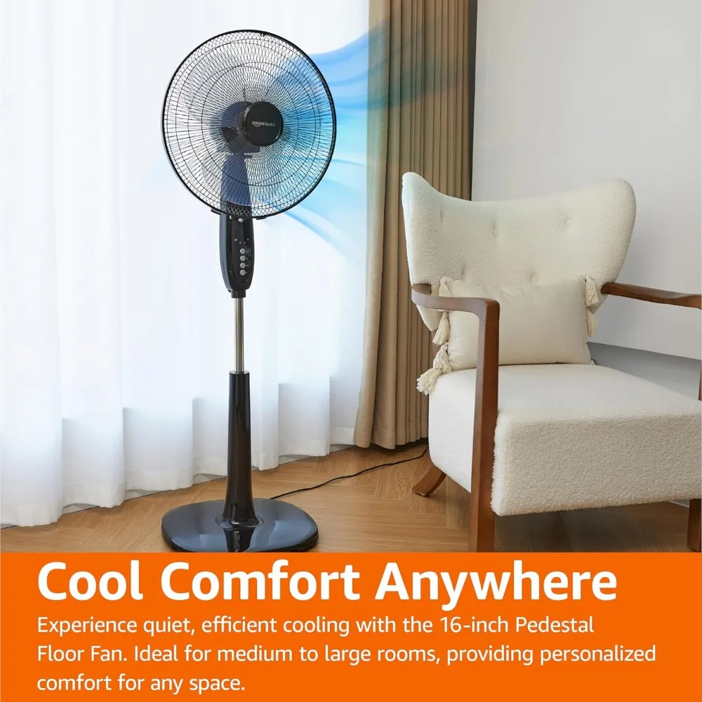 16" Pedestal Fan with Remote, Floor Fan, Standing Fan for Bedroom, Office, with 3 Speeds, 3 Modes, Timer, 60W, Black